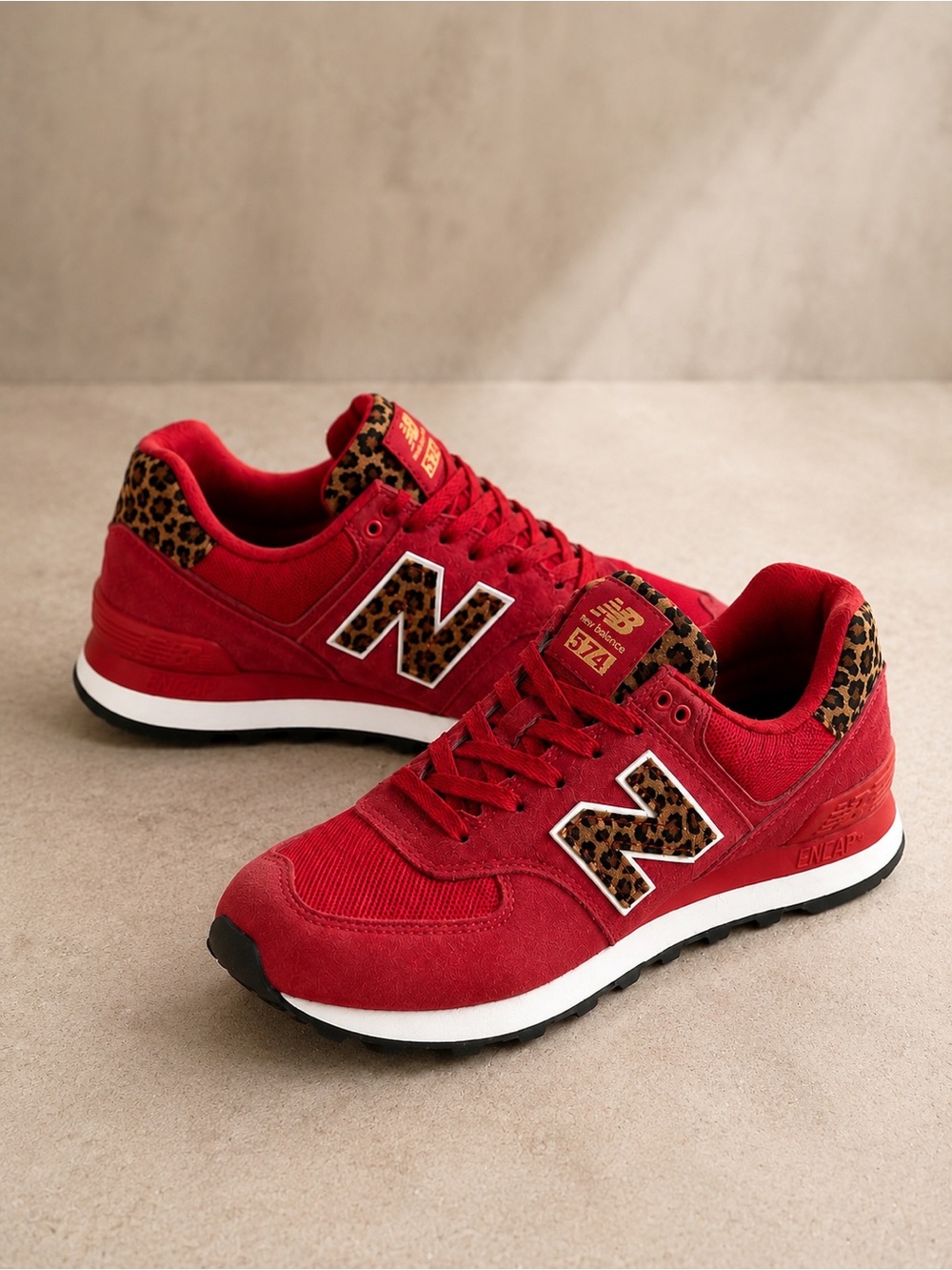 New Balance Women's 574 Red Sneakers with Leopard